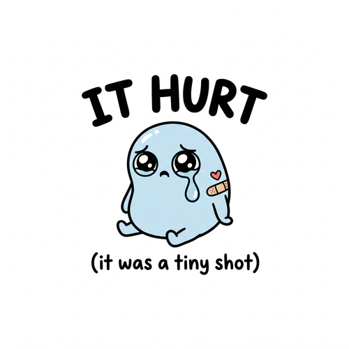 IT HURT (it was a tiny shot) design: a crying pale-blue cartoon blob with a plaster on its arm